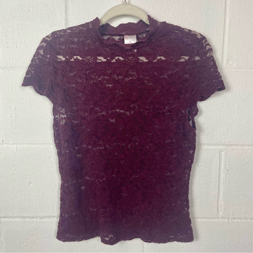 No Boundaries Short Sleeve Sheer Lace Top Mock Neck Y2K Whimsigoth Dark Fairy M